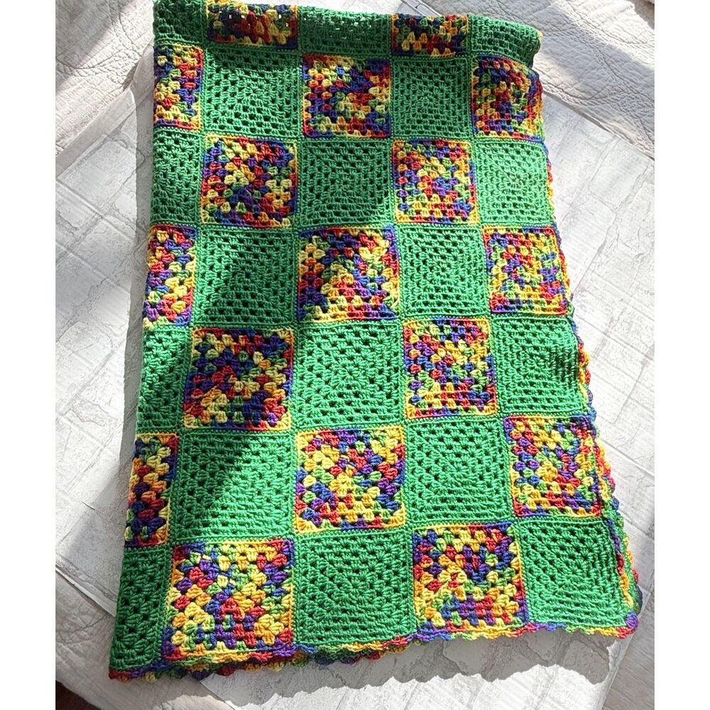 VTG Handmade Green Granny Square Crochet Afghan Multi-Color Boho Blanket 43"x64"
